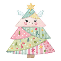 A patchwork Christmas tree illustration with pastel fabric patches in pink Clipart