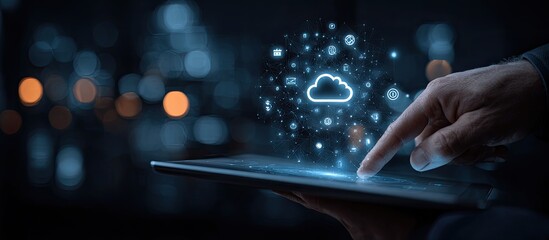 Cloud tech finger touches screen, digital cloud symbol appears