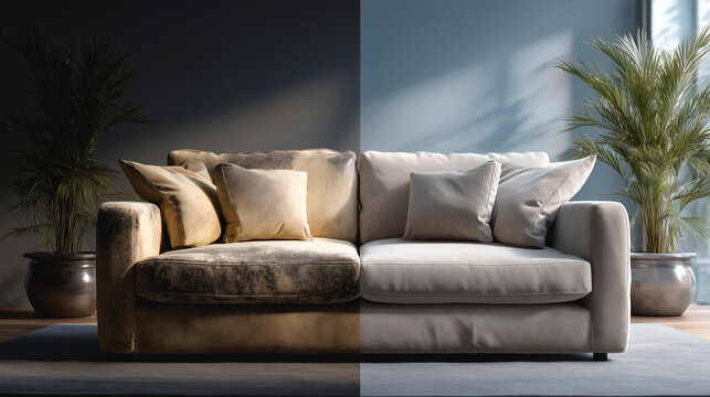 A split-screen composite image depicting a modern living room scene: on the left, a dirty sofa with visible stains, and on the right, the same sofa looking freshly cleaned and spotless. 