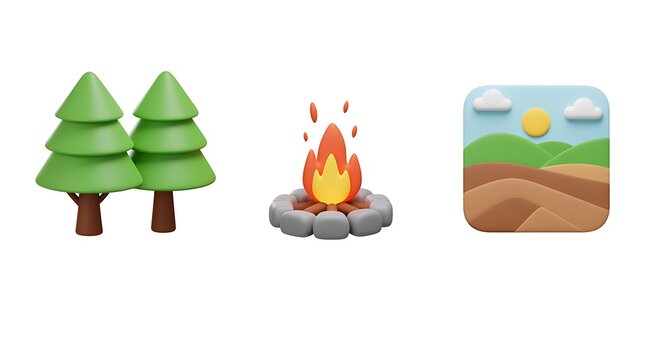Stylized 3d icons of trees campfire and landscape