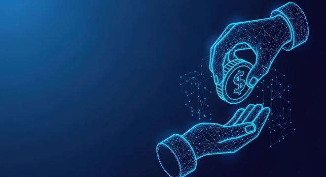 Hands exchanging a coin with digital connections