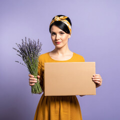 Charming woman in a retro-style yellow dress holding a bouquet of fresh lavender and a blank cardboard sign for your custom message against a purple wall