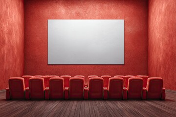 Red room w/ seats facing screen, wooden floor and textured walls