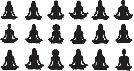Silhouette collection depicts multiethnic individuals peacefully meditating in lotus position on a white transparent background