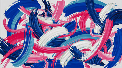 An abstract acrylic painting with bold brushstrokes in shades of blue, pink, and white.
