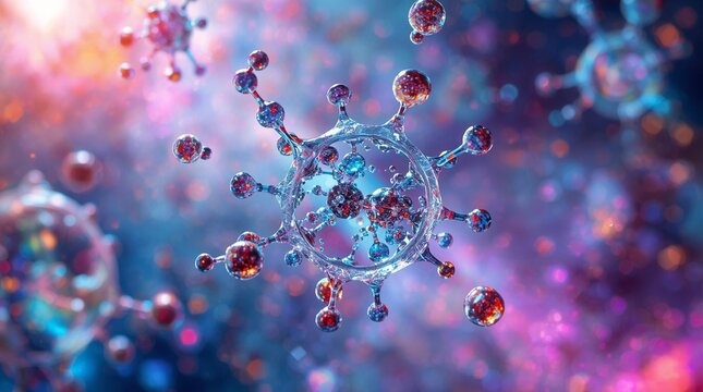 Microscopic view of transparent molecular structures with colorful particles , concept of biology, nanotechnology, research and scientific discovery - Powered by Adobe