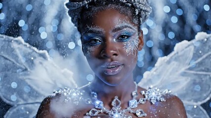 Woman with fantasy winter makeup and icy wings against bokeh background - Powered by Adobe