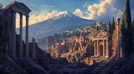 Amphitheater floor opens to bright stone arches and tall columns, snow-laced mountain rises under a blue sky above rooftops.