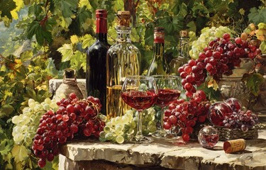 Rich still life with wine bottles, grapes, and glasses on stone ledge