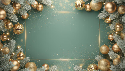 Luxury Christmas Frame with Gold Ornaments and Green Background