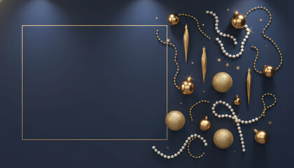 Modern Dark Blue Background with Golden Christmas Ornaments