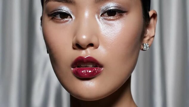 Asian woman's striking silver eye makeup and glossy red lipstick look for high fashion beauty editorial or makeup tutorial video