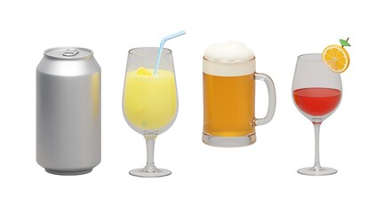 Variety of alcoholic and non alcoholic beverages in glasses and can