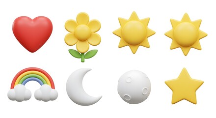 Collection of colorful cartoon shapes including a heart flower sun rainbow moon and star