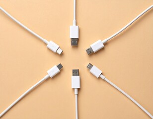 White charging cable arranged in circle on beige surface, neutral tones, top view 