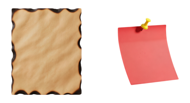 Blank Burnt Parchment Paper Next to Red Sticky Note Pinned with Yellow Thumbtack Copy Space for Message or Design Template Isolated on White Background Vintage