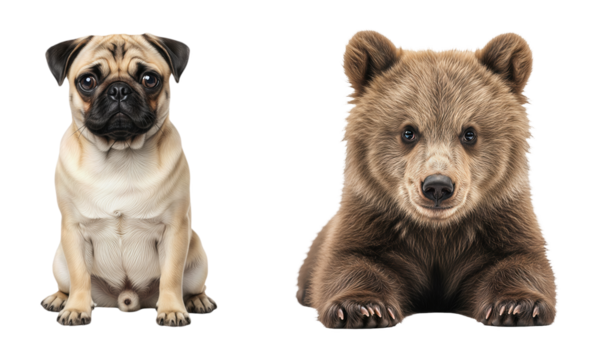 Cute Pug Dog Sitting Beside a Brown Bear Cub Realistic Portrait on White Background Animal Comparison Pet and Wildlife Contrast Domestic and Wild Mammal