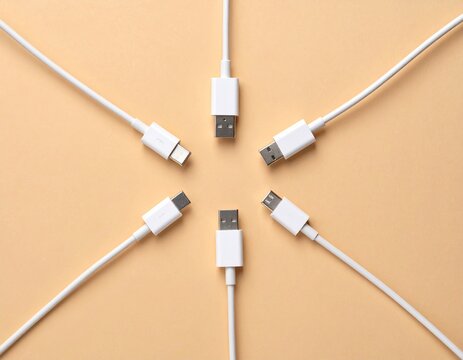 White charging cable arranged in circle on beige surface, neutral tones, top view 