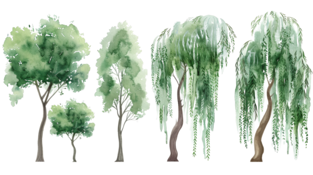 Set of green trees watercolor isolated on white background - Powered by Adobe