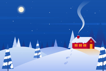 Winter snowy forest landscape featuring a cozy red house under a dark night sky with a full moon and twinkling stars, complete with footprints in the snow. Vector illustration.