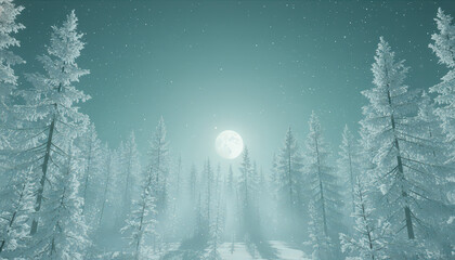 Winter Forest Scene with Full Moon and Snow Trees