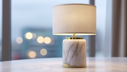 Marble lamp with white shade on a round table