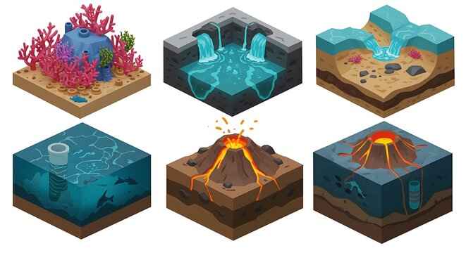 Isometric game tiles representing different biomes and environments