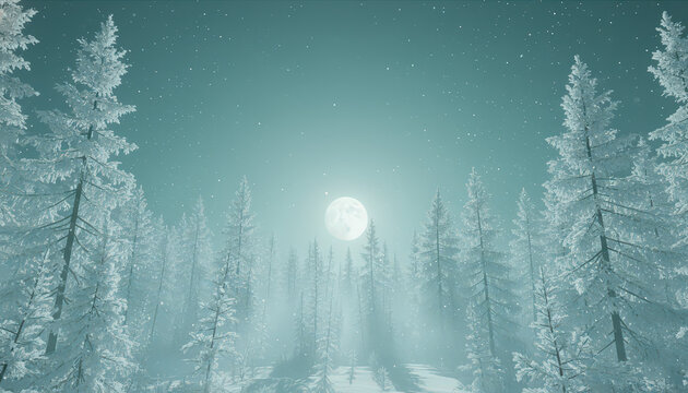 Winter Forest Scene with Full Moon and Snow Trees