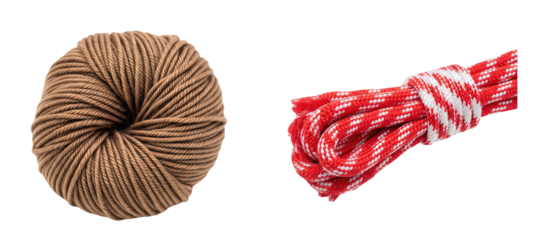 Coil of Brown Twine or Jute Rope Next to a Bundle of Red and White Braided Climbing or Utility Rope isolated on white background for crafting sailing or outdoor