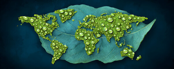 A world map crafted from a leaf, covered in water droplets
