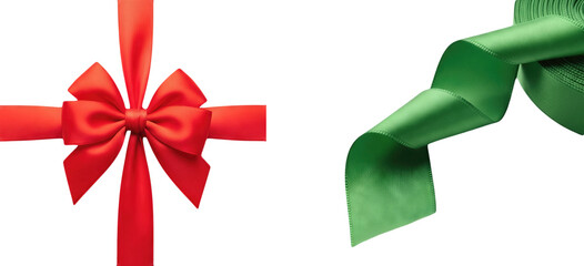 Bright Red Gift Bow Tied on One Side and Roll of Vivid Green Satin Ribbon Isolated on White Background for Holiday Packaging Celebration Decoration Craft