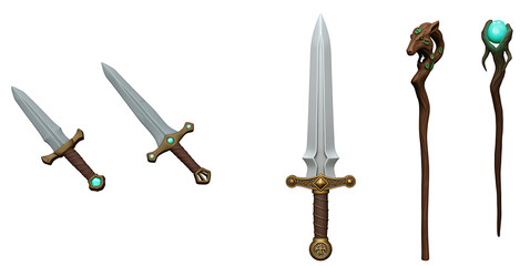 Fantasy weapons including swords and staffs with magical elements
