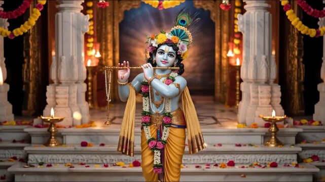 A divine and serene temple scene featuring Lord Krishna gracefully playing his golden flute