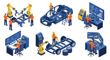 Isometric illustrations of an automated car manufacturing plant featuring robotic arms, vehicle chassis, and control panel operators