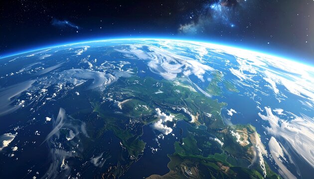 Earth from space shows continents with green fields and blue oceans, under a dark blue starry sky