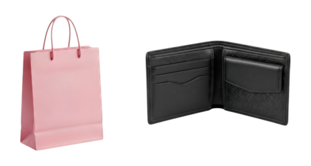 Pink Shopping Gift Bag Next to Open Black Leather Wallet with Card Slots and Engraved Pattern on White Background Consumerism Purchase Money Accessories Concept