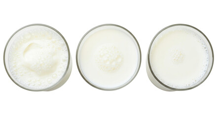 Clear glass of milk top view set isolated on transparent background cutout