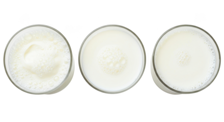 Clear glass of milk top view set isolated on transparent background cutout