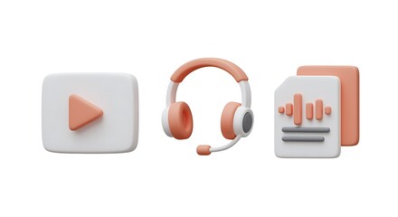 3d icons of play button headphones and audio waveform for digital media