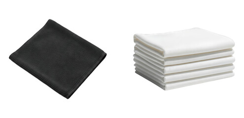 Black Microfiber Cleaning Cloth Folded Next to Stack of White Waffle Weave Kitchen Towels for Dusting Wiping Glass Lens Cleaning Supplies Household Laundry