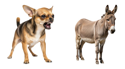 Angry Chihuahua dog aggressively snarling baring teeth contrasted with calm donkey standing side by side isolated on white background symbolizing conflict