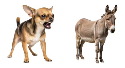 Angry Chihuahua dog aggressively snarling baring teeth contrasted with calm donkey standing side by side isolated on white background symbolizing conflict