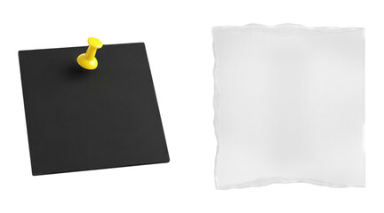 Black square notice board with yellow pushpin next to blank white torn paper scrap for message notes mockup presentation isolated on white background office