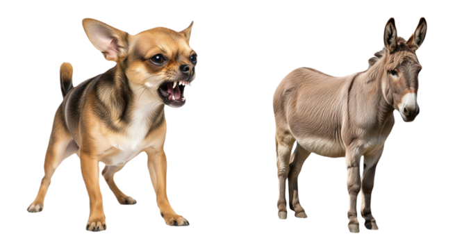 Angry Chihuahua dog aggressively snarling baring teeth contrasted with calm donkey standing side by side isolated on white background symbolizing conflict