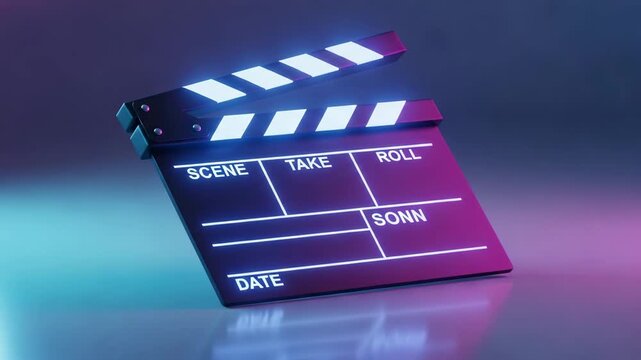 Hand closing glowing neon film clapperboard for movie production scene take roll date recording
