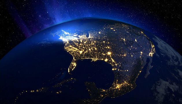 Earth view from space at night, with illuminated cities and a glowing atmosphere against a starry background