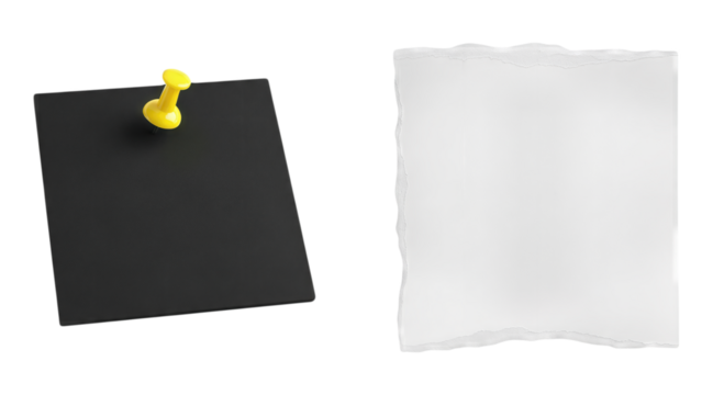 Black square notice board with yellow pushpin next to blank white torn paper scrap for message notes mockup presentation isolated on white background office