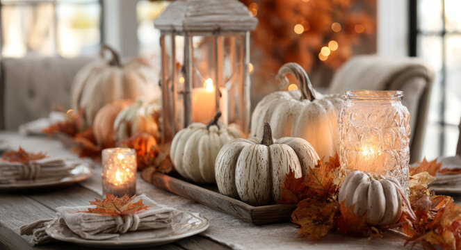Cozy autumn table, pumpkin decor, candlelight, rustic wood warmth, festive harvest charm