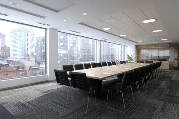 Bright conference room with large window overlooking city