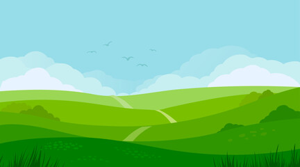 Beautiful environment landscape of green field. Beautiful natural scenic panorama. Field vector illustration. 